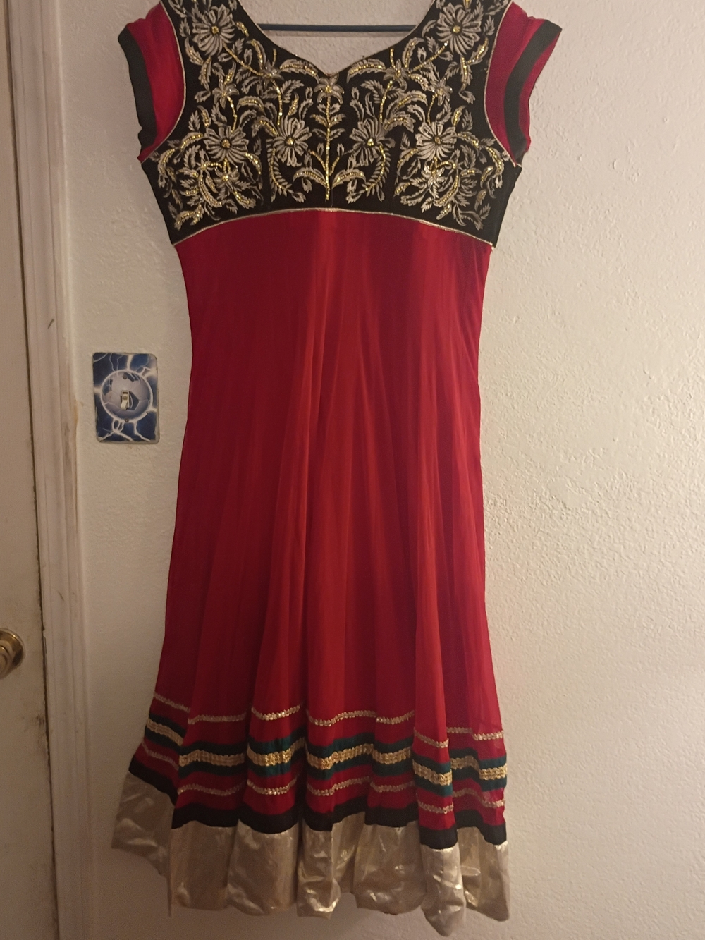 Women's Red Maxi Dress with Black and Gold Embroidered Bodice